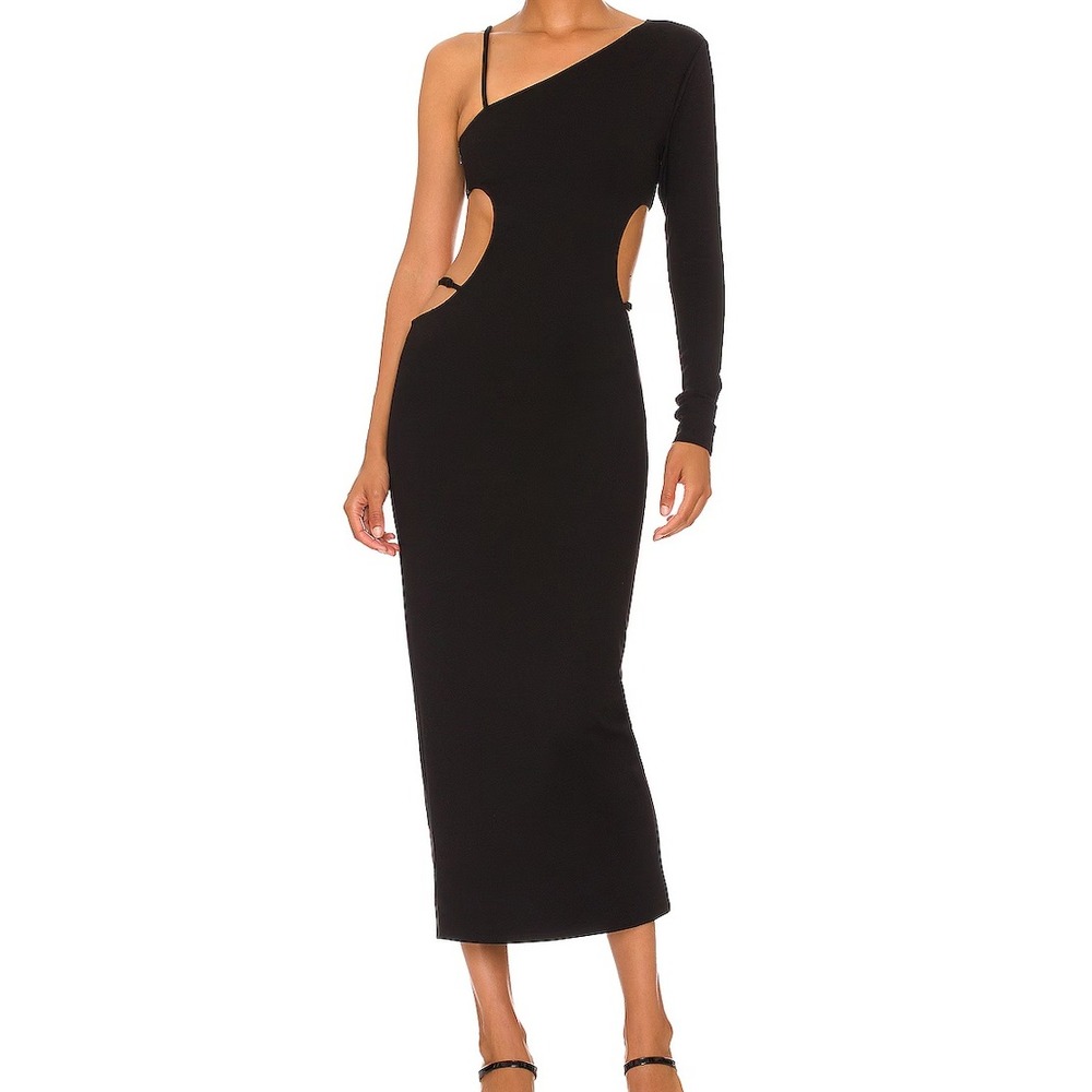 NBD Adley Revolve Black One Sleeve Cutout Asymmetrical  Midi Dress LG cocktail